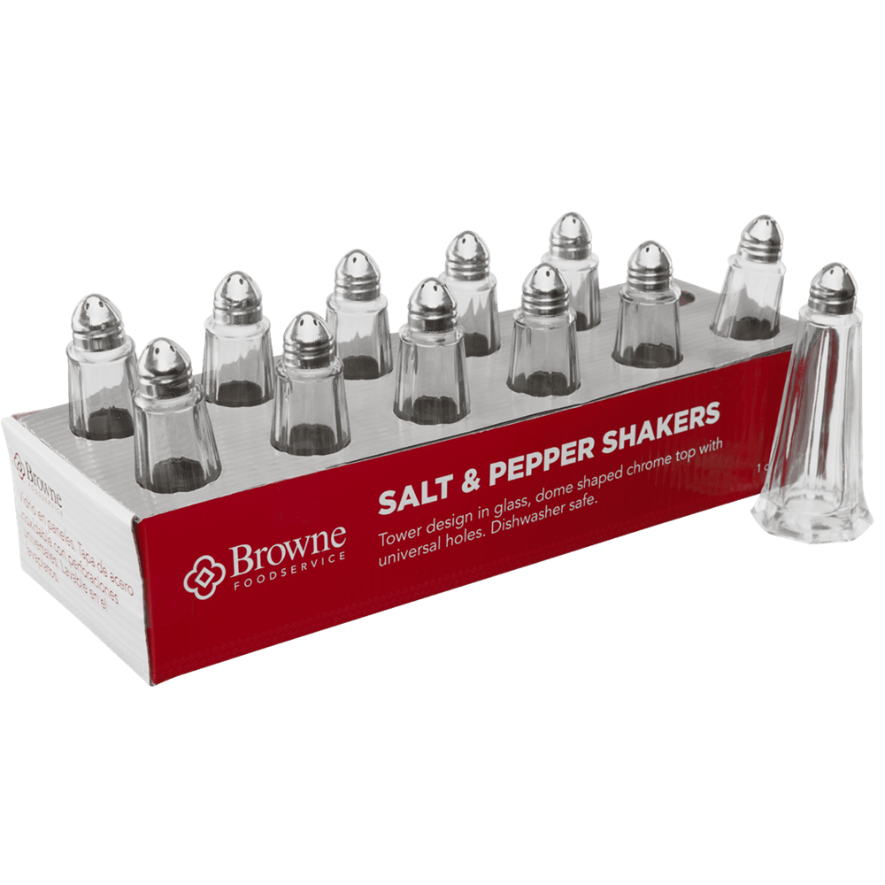 Browne Canada Foodservice Pepper Spice Set Browne 575221 S&P Shaker Tower 1oz 30ml Glass with Chrome Top Set of 12 | Denson CFE