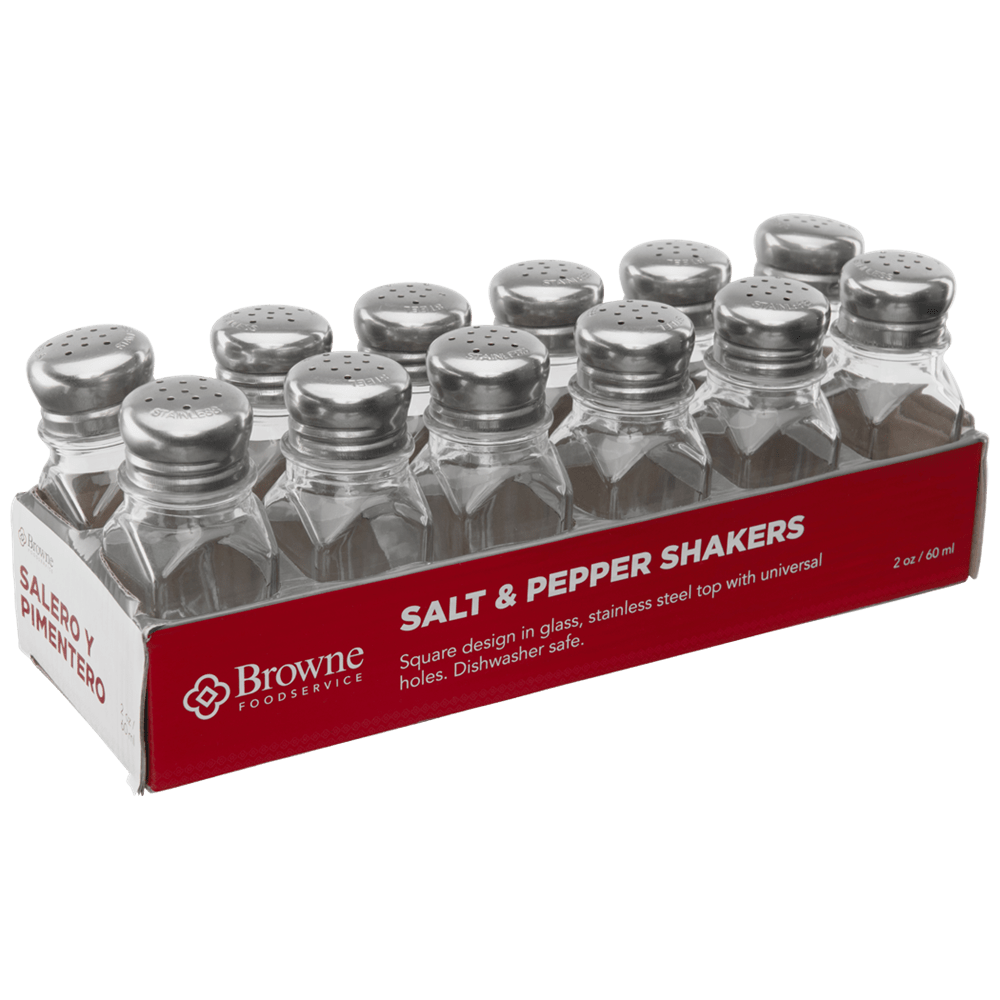Browne Canada Foodservice Pepper Spice Set Browne 575222 S&P Shaker Square 2oz 60ml Glass with Stainless Steel Top Set of 12 | Denson CFE