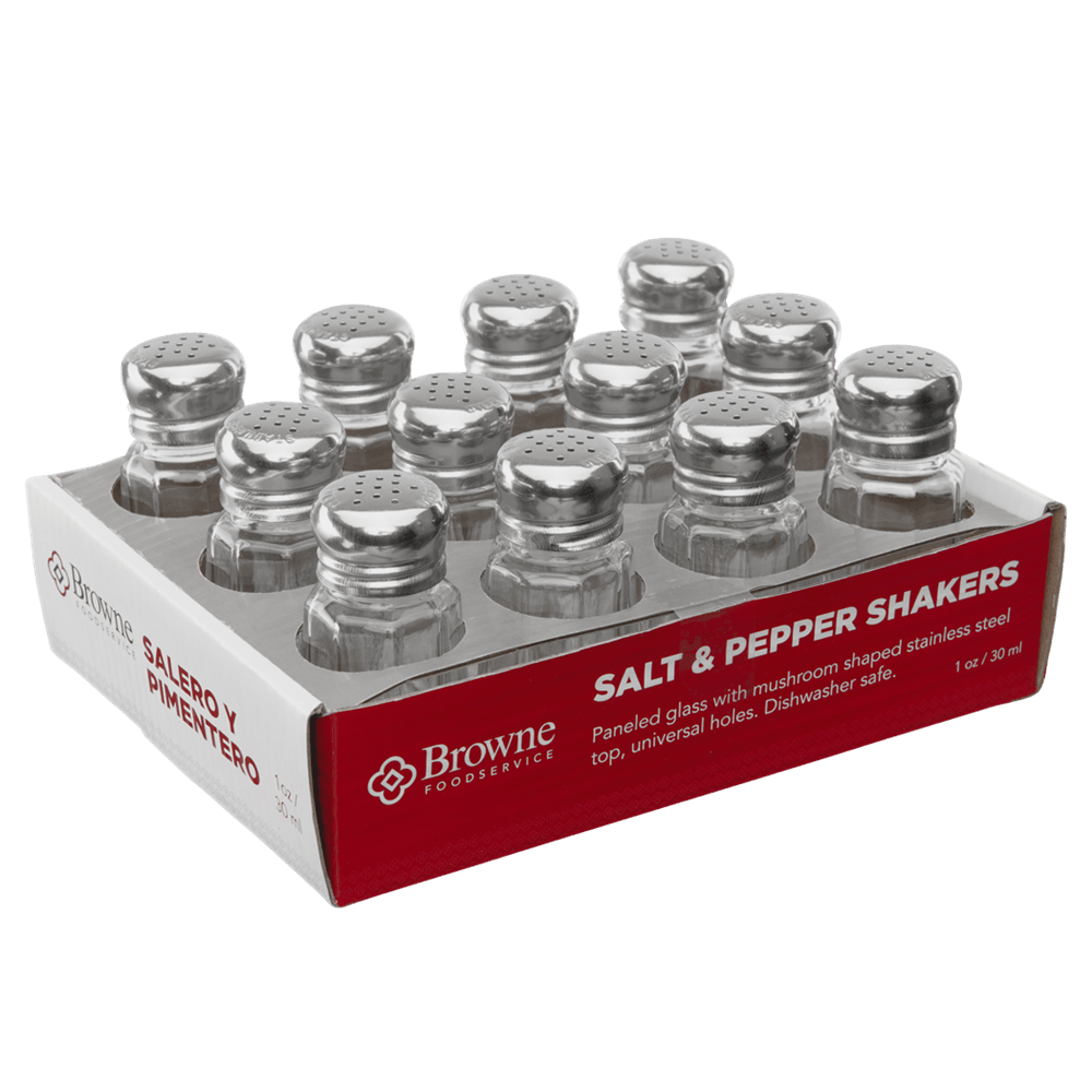 Browne Canada Foodservice Pepper Spice Set Browne 575224 S&P Shaker 1oz 30ml Glass with Stainless Steel Top Set of 12 | Denson CFE