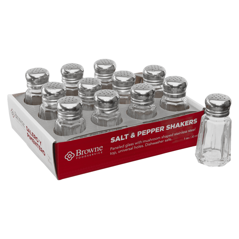 Browne Canada Foodservice Pepper Spice Set Browne 575224 S&P Shaker 1oz 30ml Glass with Stainless Steel Top Set of 12 | Denson CFE