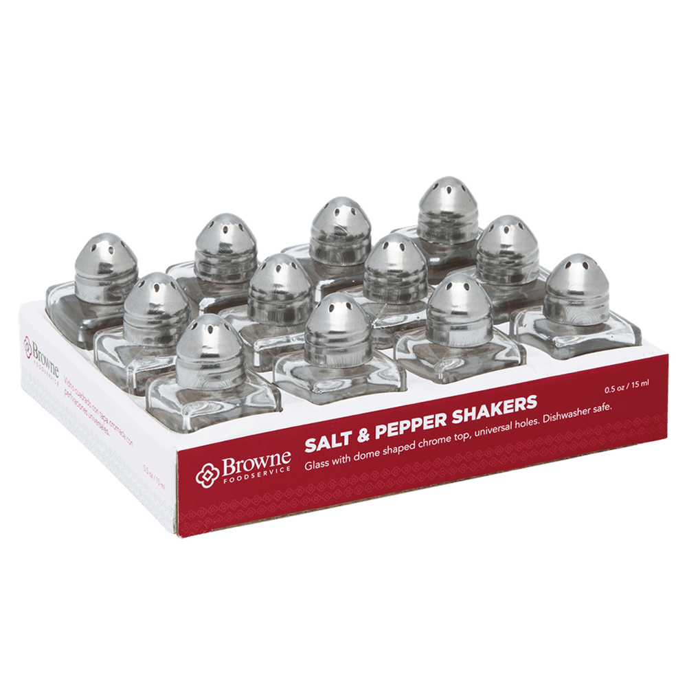 Browne Canada Foodservice Pepper Spice Set Browne 575225 S&P Shaker Mini 0.5oz 15ml Glass with Chrome Set of 12 | Denson CFE