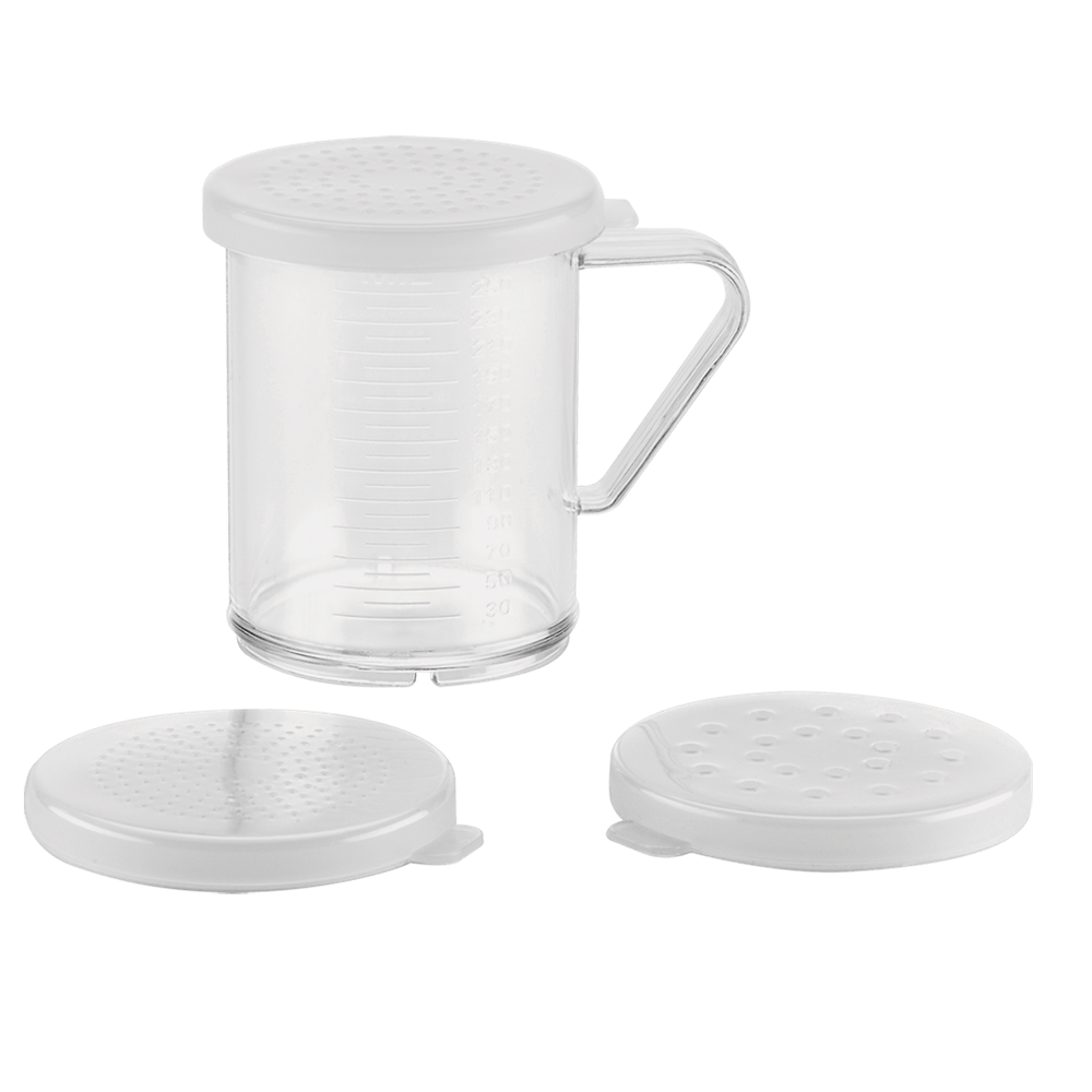 Browne Canada Foodservice Shakers & Dredgers Set Browne 575680 Plastic Dredge Set with 3 Lids - 10 oz Capacity, Clear | Denson CFE