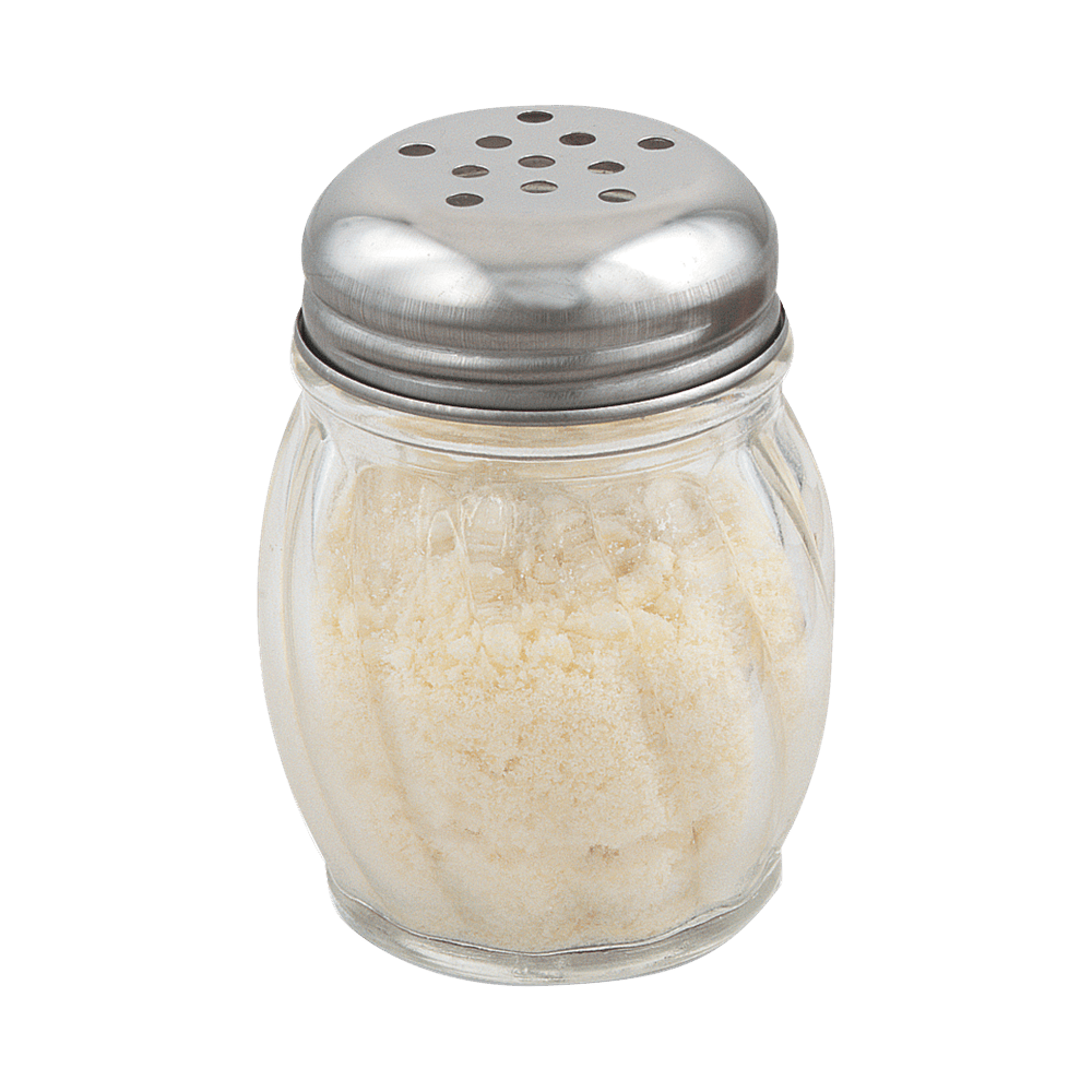 Browne Canada Foodservice Tabletop Dozen Browne 575185 - 6 oz Glass Cheese Shaker with Perforated Stainless Steel Top (Sold Per Dozen) | Denson CFE