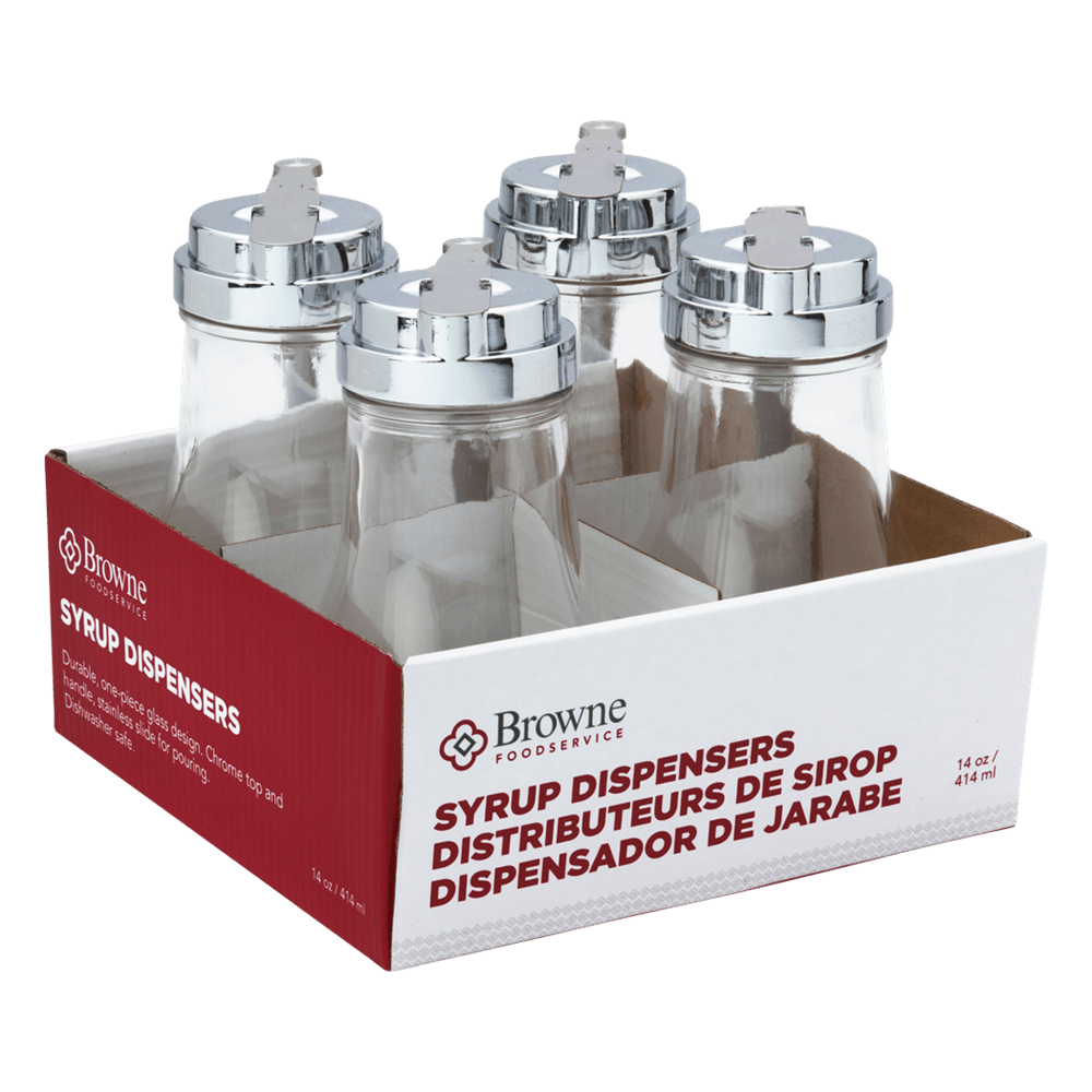 Browne Canada Foodservice Tabletop Set Browne 575229 Syrup Dispenser Flat-Top 14oz 414ml Glass with Stainless Steel Top Set of 4 | Denson CFE