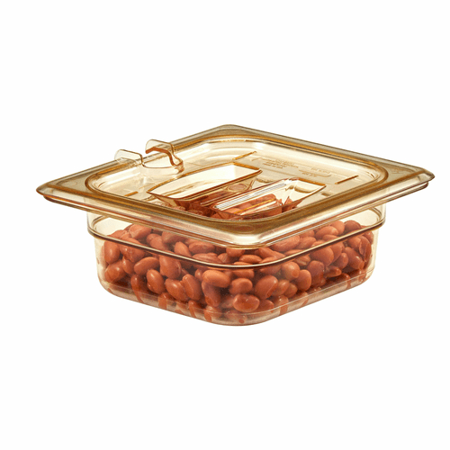 Cambro Food Pans Each / Amber Cambro 60HPCHN150 1/6 Size Amber Polyetherimide High Heat H Pan Food Pan Flat lid w/ Handles & Utensil Notch