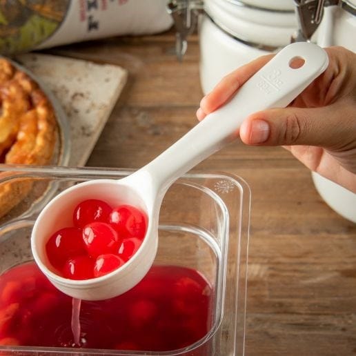 Carlisle Smallwares Each Carlisle 492702 White 3 oz Measure Miser Plastic Perforated-Bottom Round Portion-Control Spoon with Hanging Hole Handle | Denson CFE