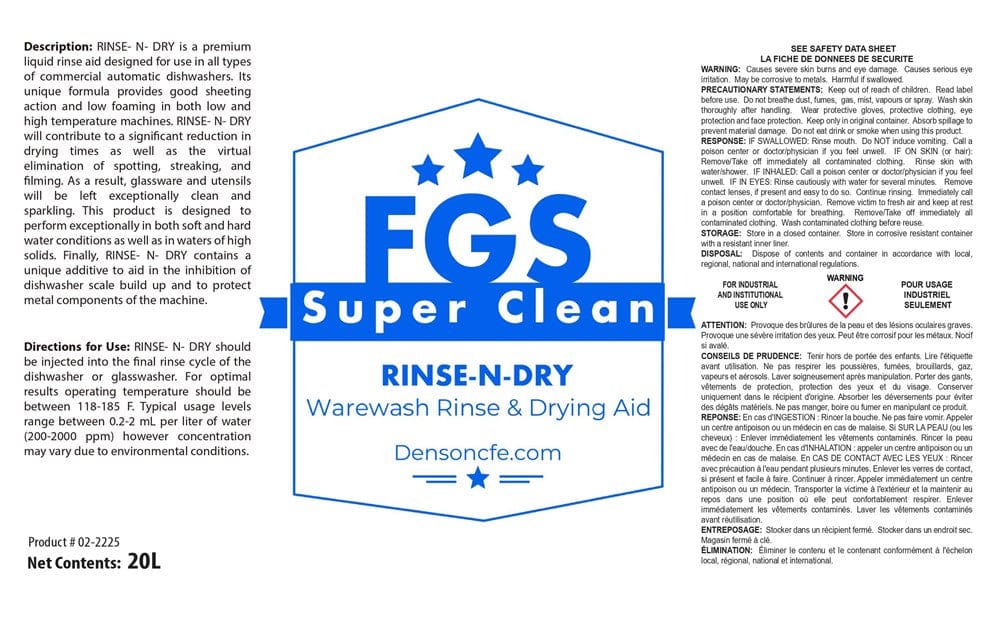 FGS Superclean Cleaning & Safety 20L Pail FGS Superclean L2232-020 CYCLE 2 Multi-Temp Rinse Aid - 20 Litre | Denson CFE