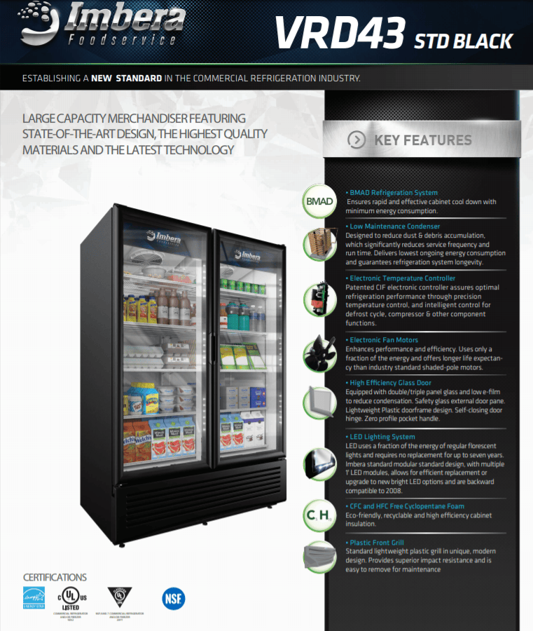 Imbera Merchandising and Display Refrigeration Each Refrigerated Merchandiser, two-section, 38.46 cu. ft. capacity, (10) shelves, black painted steel exterior, white interior, (2) hinged glass doors