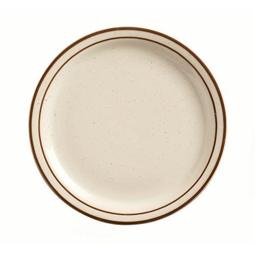 Libbey Glass Dinnerware 2 Doz / Stoneware / White Libbey DSD-9 9 1/2" Round Desert Sand Plate - Speckled, (2) Brown Bands | Denson CFE