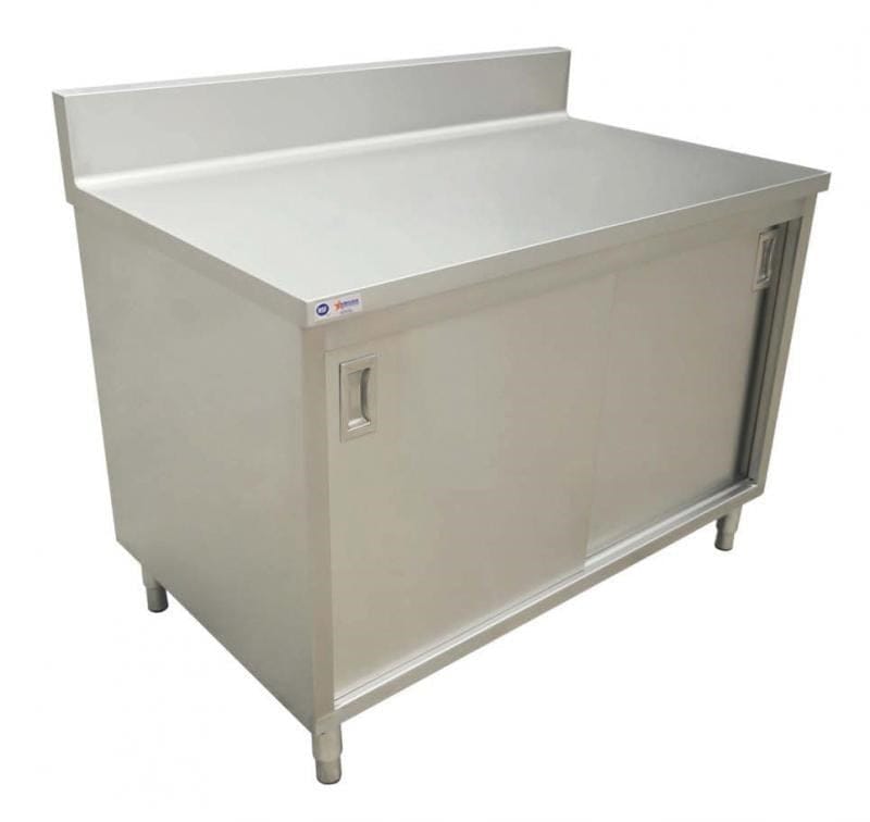 Omcan Canada Commercial Work Tables and Stations Ea Omcan 45281 30″ x 48″ Worktable with Sliding Door Cabinet and 4″ Backsplash | Denson CFE