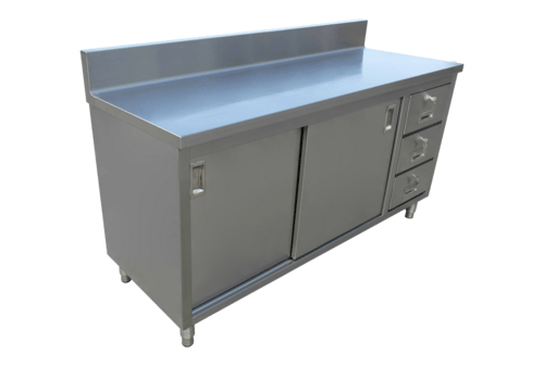 Omcan Canada Commercial Work Tables and Stations Each Omcan 43484 Stainless Steel Work Table with Cabinet Base, Sliding Doors & Drawers | Denson CFE