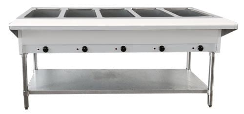Omcan Canada Unclassified Each Omcan 46648 72″ 5 Pan Open Well Electric Steam Table with Cutting Board and Adjustable Undershelf, 208/240 V, 1 Ph, 3.75/5kW | Denson CFE