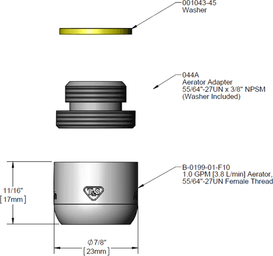 T&S BRASS Parts Each T&S B-0199-02-F10 0.9 GPM Flow Control Aerator with 3/8" NPSM Male Connections