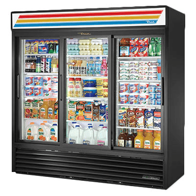 True Food International Canada Merchandising and Display Refrigeration Each True GDM-69-HC-LD – 78 1/8" Black Three Section Refrigerated Sliding Glass Door Merchandiser with LED Lighting (115V) | Denson CFE