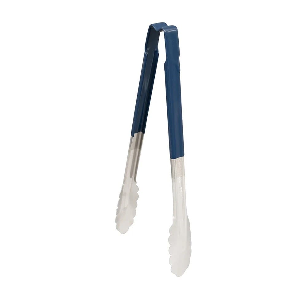Vollrath Smallwares Each / Blue Vollrath 4781230 12" Utility Tongs – One-Piece Scalloped Stainless Steel with Blue Kool-Touch Handle | Denson CFE
