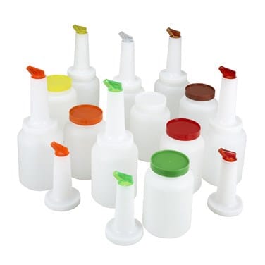 Winco Bar Supplies Case Winco PPB-2MX 2 Quart Liquor and Juice Pour Bottle Assorted Set of 12 | Denson CFE