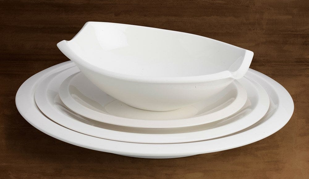 Winco Dinnerware Case / Porcelain / White Winco WDP006-201 Oval Narrow Rim Dinner Plate in Creamy White Porcelain | Denson CFE