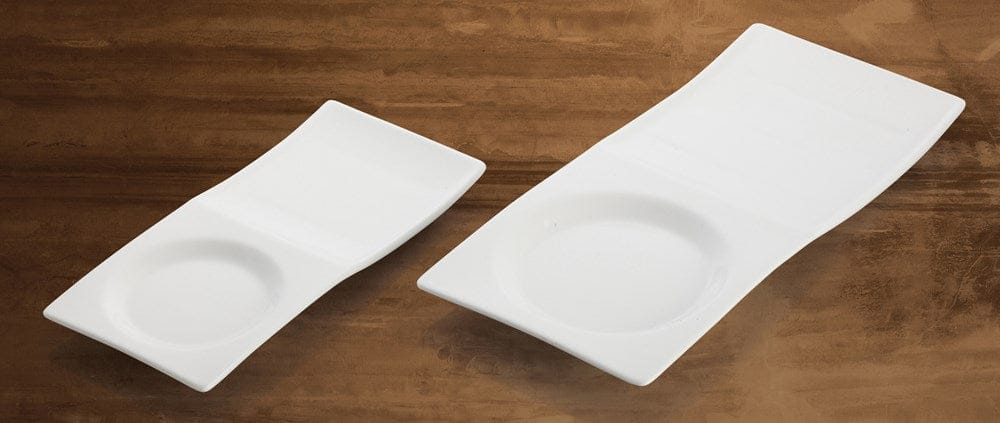 Winco Dinnerware Case / Porcelain / White Winco WDP012-102 Tenora Bright White Rectangular Porcelain Tray with Circular Well | Denson CFE
