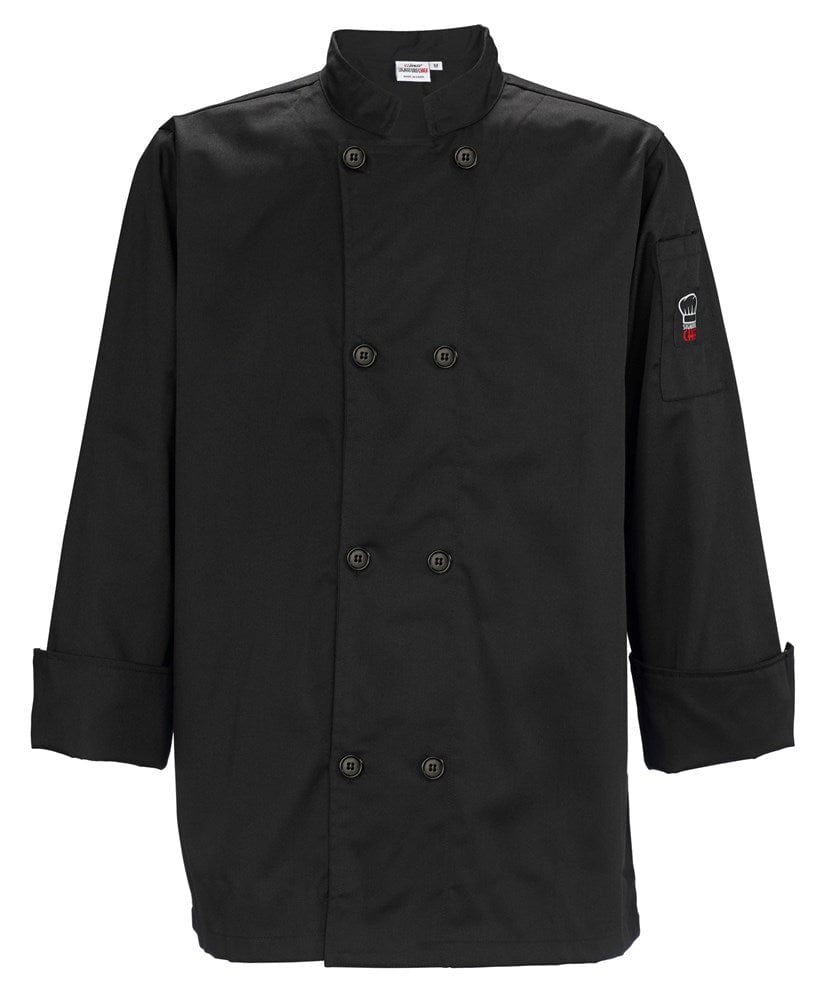 Winco Essentials Each / 4 XL / Black Winco UNF-6K Black Signature Chef Men's Tapered Fit Poly/Cotton Double Breasted Chef Jacket With Thermometer/Pen Pocket