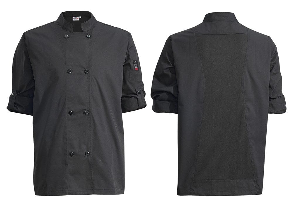 Winco Essentials Each / M / Black Winco UNF-12KM Signature Chef Medium Black Chef Jacket, 65/35 Poly-Cotton | Denson CFE