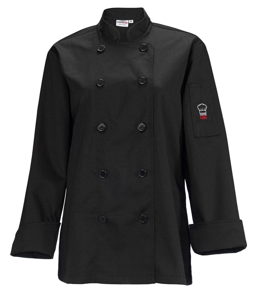 Winco Essentials Each / Medium / Black Winco UNF-7KM Black Medium Signature Chef Women's Tapered Fit Poly/Cotton Double Breasted Chef Jacket With Thermometer/Pen Pocket