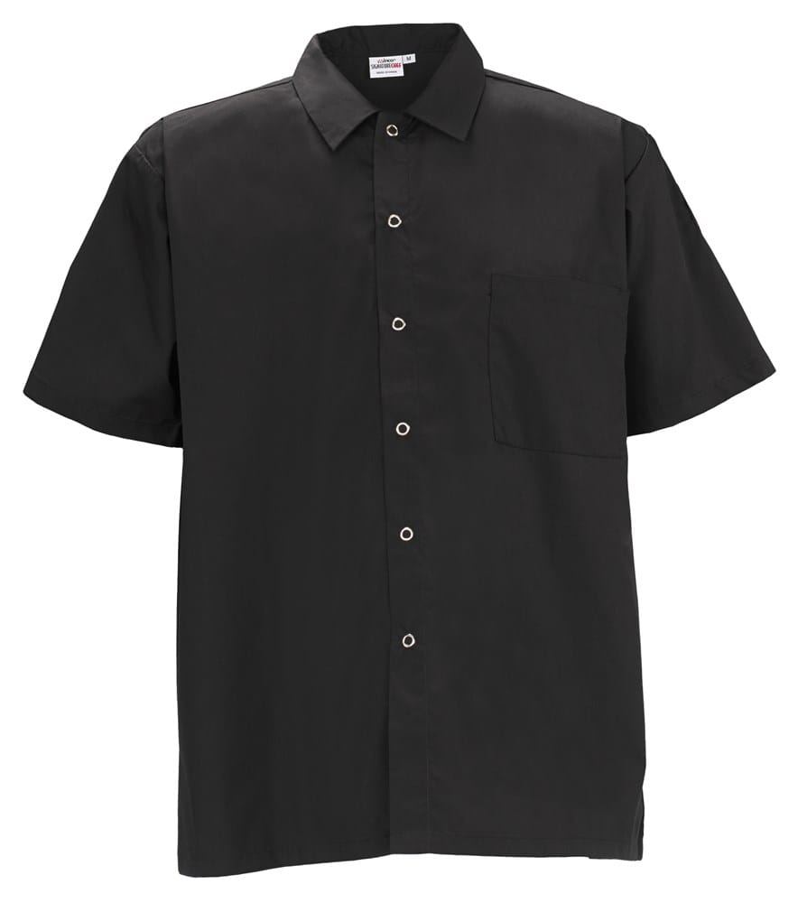 Winco Essentials Each / Small / Black Winco UNF-1KM Black Short-Sleeved Snap-Button Chef Shirt with Chest Pocket | Denson CFE