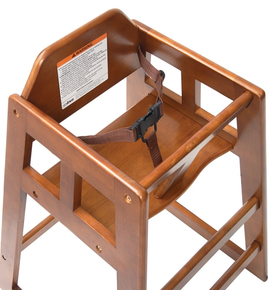 Winco Essentials Each Winco CHH-104A Walnut Wood High Chair with Buckle Strap and Stackable Design | Denson CFE