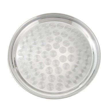 Winco Essentials Each Winco STRS-12 12 Inch Stainless Steel Round Serving Tray with Whimsical Swirl Design | Denson CFE
