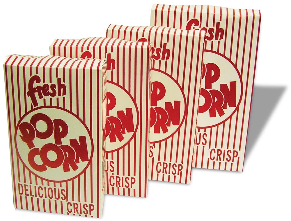 Winco Food and Beverage Pack Winco Benchmark 41569 Closed Top Red and White Striped Popcorn Box 1.8 Ounce | Denson CFE