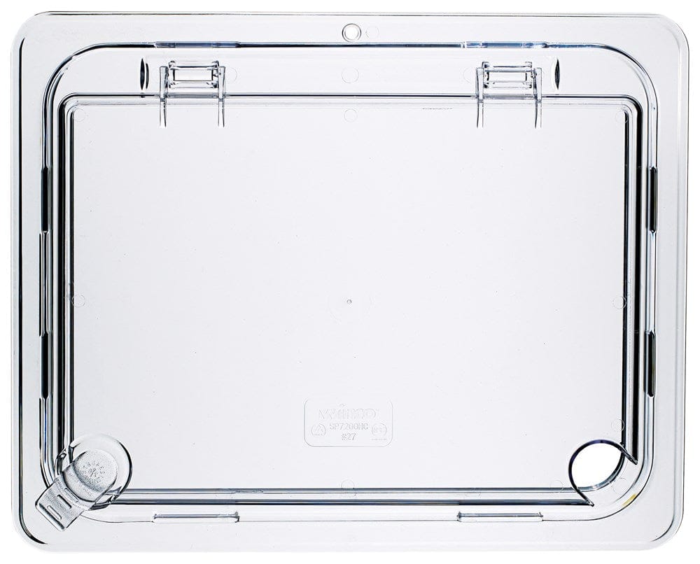 Winco Food Pans Each Winco SP7200H Hinged Lid Cover for 1/2 Size Food Pans with Peg Hole and Notched Design Clear | Denson CFE