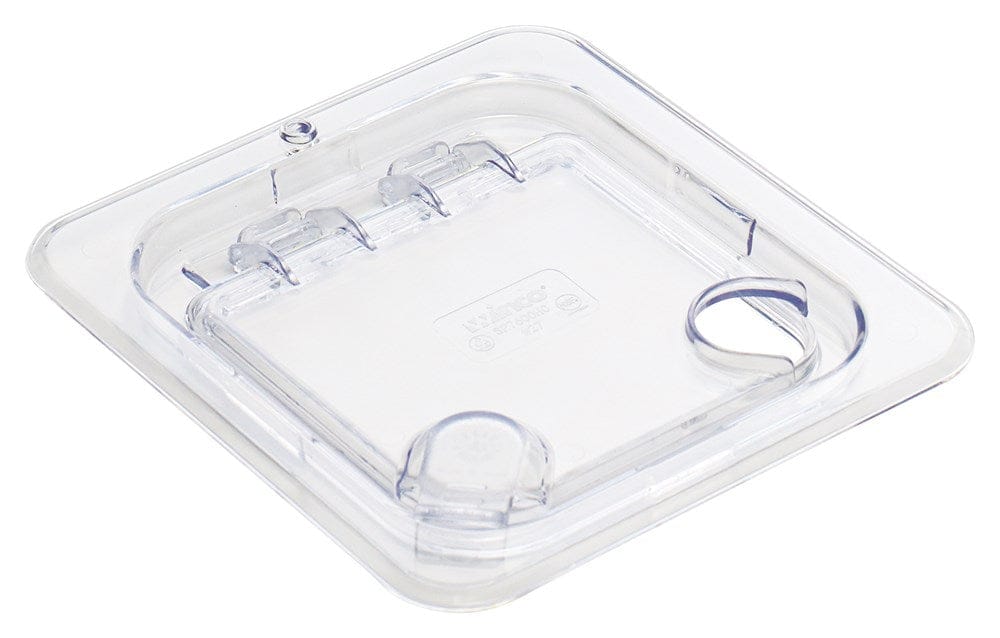 Winco Food Pans Each Winco SP7600H Hinged Lid Cover for 1/6 Size Containers Peg Hole Notched Clear | Denson CFE
