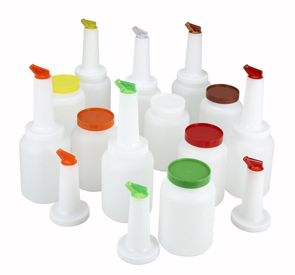 Winco Food Service Supplies Case Winco PPB-1MX 1 Quart Liquor and Juice Pour Bottle Set Assorted Colours 12 Pieces | Denson CFE