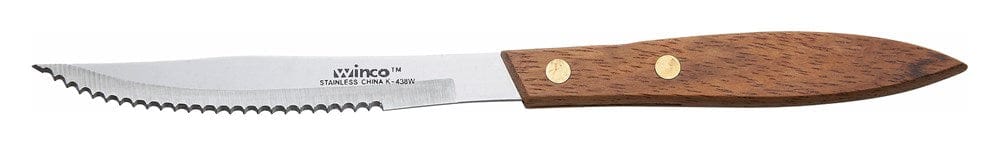 Winco Food Service Supplies Dozen Winco K-438W Steak Knife with 4-3/8 Inch Stainless Steel Blade and Wooden Handle | Denson CFE