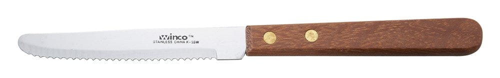 Winco Food Service Supplies Dozen Winco K-55W Steak Knife 8.5 Inch Overall Length Stainless Steel Blade Wooden Handle Round Tip | Denson CFE