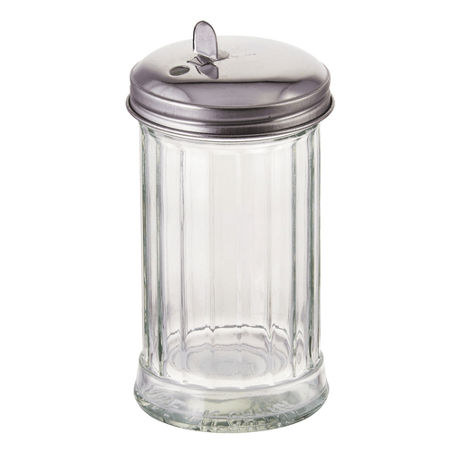 Winco Food Service Supplies Each Winco G-102 12 Oz Glass Sugar Pourer With Silver-Plated Flap Top | Denson CFE