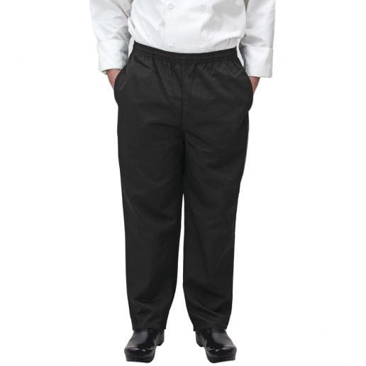 Winco Food Service Supplies Each / XL / Black Winco UNF-2KXL Black Extra-Large Signature Chef Relaxed Universal Fit Poly/Cotton Elastic Drawstring Waist Chef Pants With 2 Side-Seam Pockets