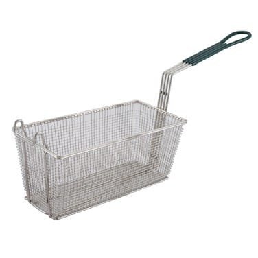 Winco Smallwares Each / Green Winco FB-30 Rectangular Fry Basket – 13-3/4” x 6-1/2” x 6”, Nickel-Plated with Green Handle | Denson CFE