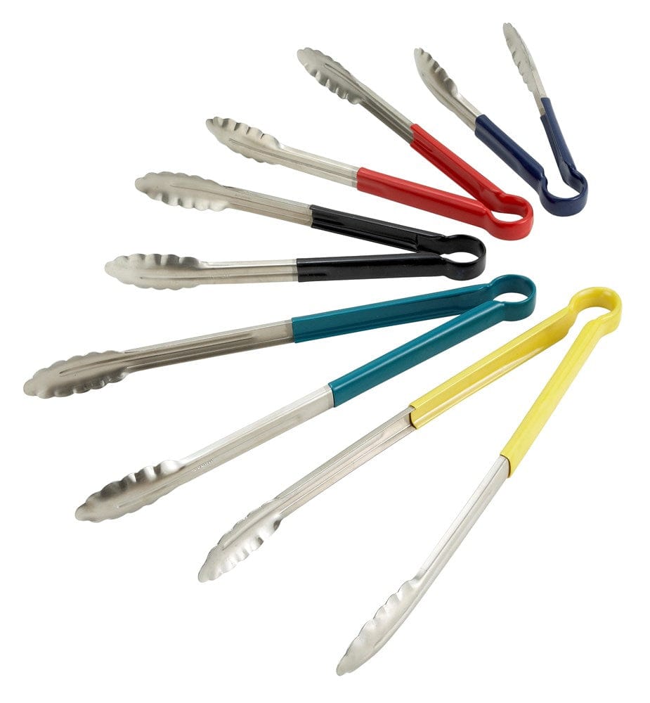 Winco Smallwares Each / Green Winco UT-12HP-G 12 Inch Heavy Duty Stainless Steel Scalloped Edge Utility Tongs with Green Plastic Handle | Denson CFE