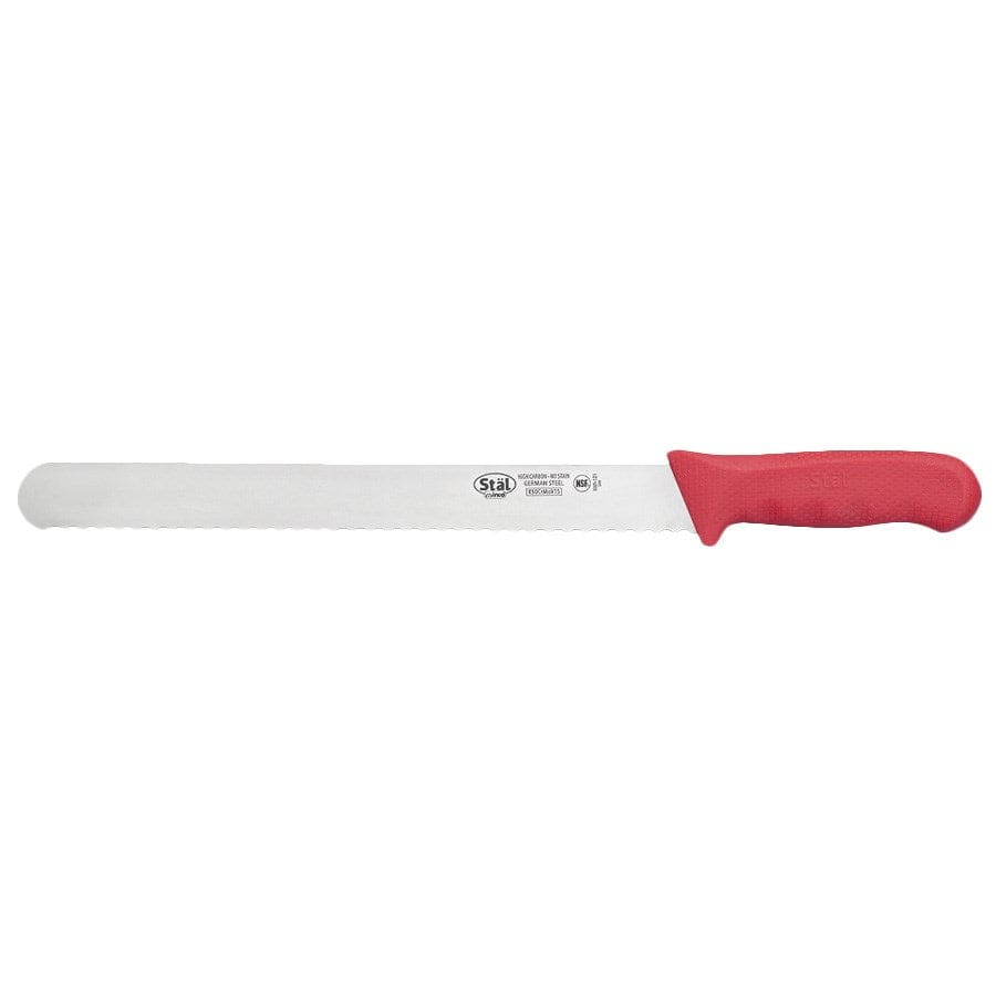Winco Smallwares Each / Red Winco KWP-121R Stal 12 Inch Wavy Edge Slicer Knife Stain-Free High Carbon Stainless Steel Red Polypropylene Handle | Denson CFE