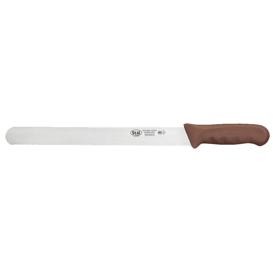 Winco Smallwares Each Winco KWP-121N Stal 12 Inch Wavy Edge Slicer Knife Stain-Free High Carbon Stainless Steel Brown Handle | Denson CFE