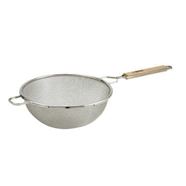 Winco Smallwares Each Winco MST-10D Stainless Steel Medium Double Mesh Strainer with Wooden Handle and Metal Hook | Denson CFE