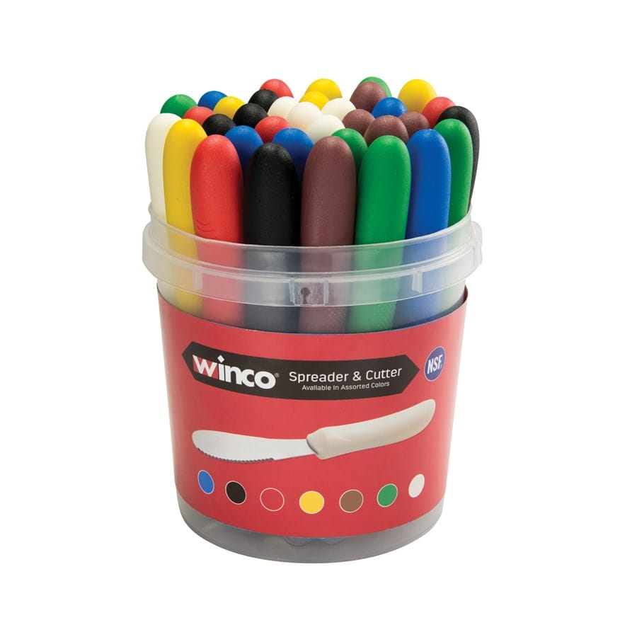 Winco Smallwares Pack Winco TWP-3135 Butter Spreader Bulk Pack 35 Pieces Dishwasher Safe Slip Resistant Polypropylene Handle Stainless Steel Blade Satin Finish Assorted Colours | Denson CFE
