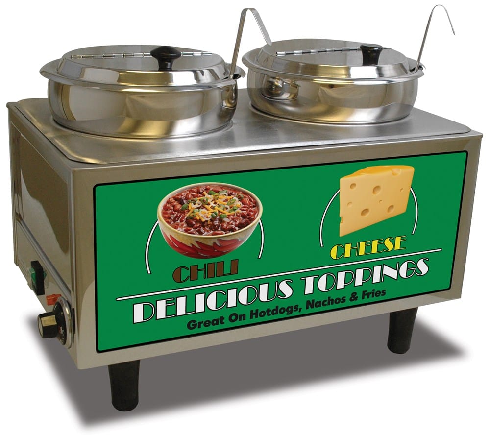 Winco Smallwares Set Winco Benchmark 51072A Countertop Chili and Cheese Food Topping Warmer Two Wells 7 Quart | Denson CFE