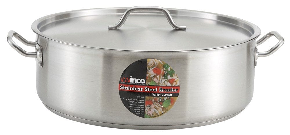 Winco Smallwares Set Winco SSLB-30 Premium 30 Quart Stainless Steel Brazier with Tri-Ply Heavy Duty Bottom | Denson CFE