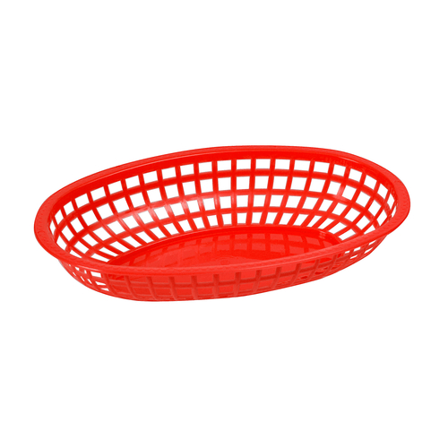 Winco Tabletop & Serving Dozen / Red Winco POB-R Oval Fast Food Basket - 10 1/4" x 6 3/4" x 2", Heavy Duty Premium Plastic, Red