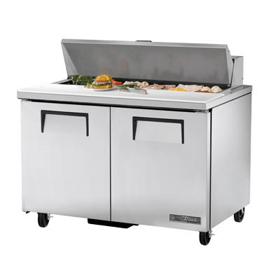 True Food International Canada Refrigerated Prep Tables Each True TSSU-48-12-HC 48-3/8” Two Door Sandwich / Salad Food Prep Table Refrigerator With 12 Food Pans And Hydrocarbon Refrigerant - 115V