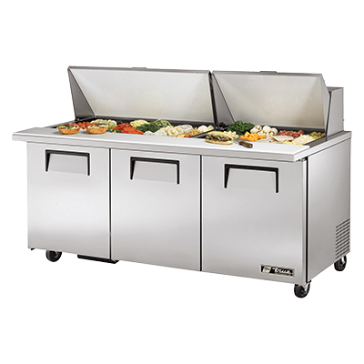 True Food International Canada Refrigerated Prep Tables Each True TSSU-72-30M-B-ST-HC 72-3/8” Mega-Top Sandwich / Salad Food Prep Table Refrigerator With 30 Food Pans And Hydrocarbon Refrigerant - 115V